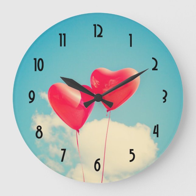 2 Bright Red Heart Shaped balloons Floating Upward Large Clock (Front)