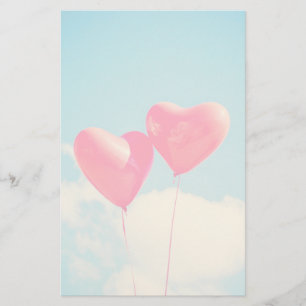 2 Bright Red Heart Shaped balloons Floating Upward Stationery