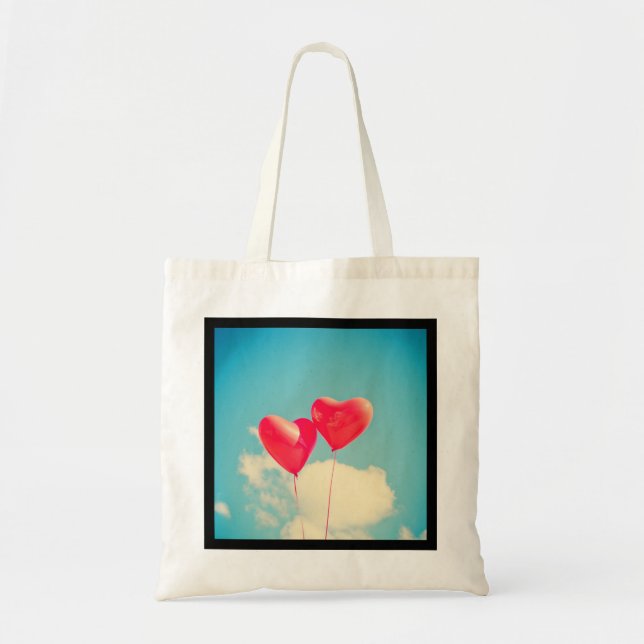 2 Bright Red Heart Shaped balloons Floating Upward Tote Bag (Front)