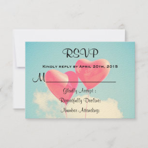 2 Bright Red Heart Shaped balloons RSVP Card