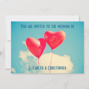 2 Bright Red Heart Shaped Balloons Wedding Invitation