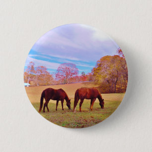 2 Brown horses in a coloured field 6 Cm Round Badge