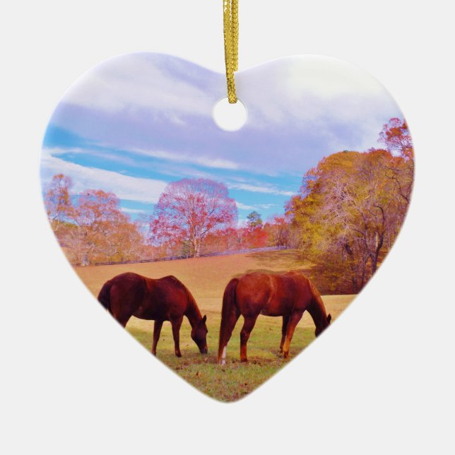 2 Brown horses in a coloured field Ceramic Tree Decoration (Front)