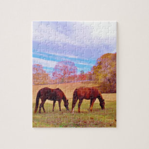 2 Brown horses in a coloured field Jigsaw Puzzle