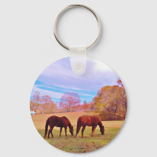 2 Brown horses in a coloured field Key Ring