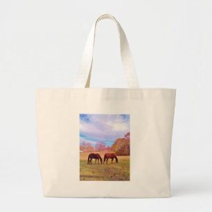 2 Brown horses in a coloured field Large Tote Bag