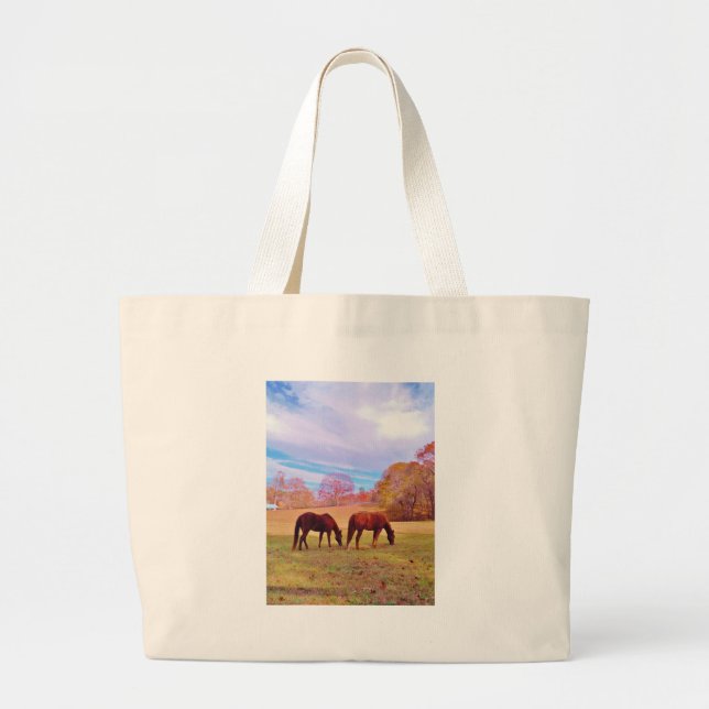 2 Brown horses in a coloured field Large Tote Bag (Front)