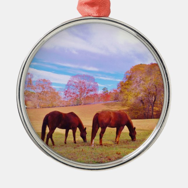 2 Brown horses in a coloured field Metal Tree Decoration (Front)