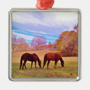 2 Brown horses in a coloured field Metal Tree Decoration