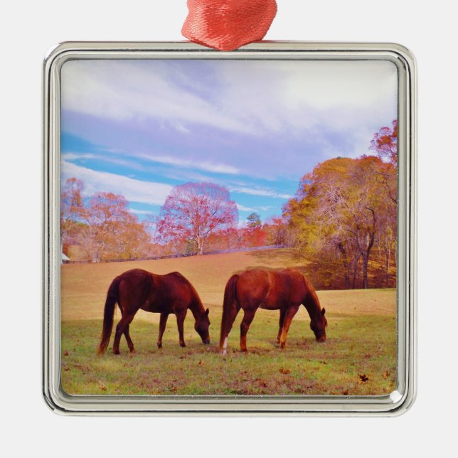 2 Brown horses in a coloured field Metal Tree Decoration (Front)
