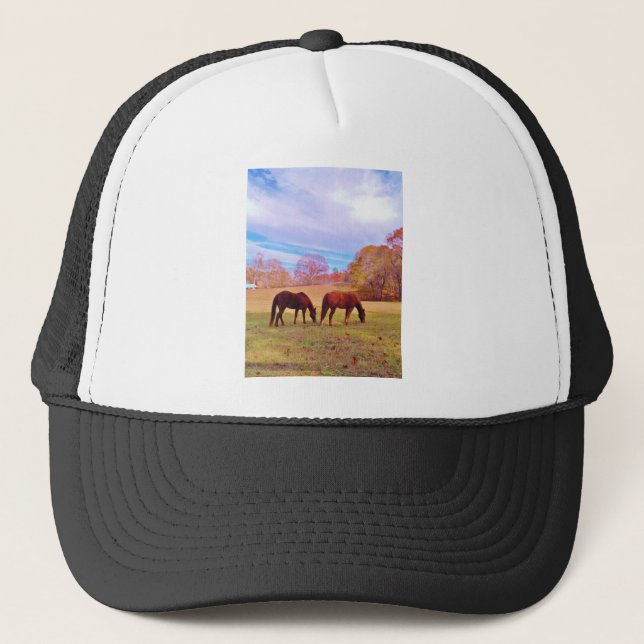 2 Brown horses in a coloured field Trucker Hat (Front)