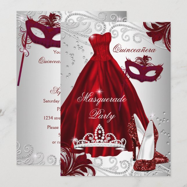 2 Burgundy Silver Dress masquerade Quinceanera Invitation (Front/Back)