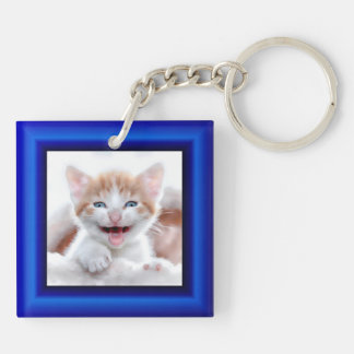 2 Cat Photo Blue Border Key Ring