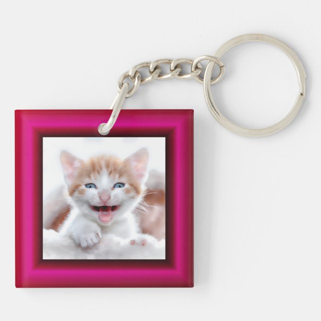 2 Cat Photo Hot Pink Border Key Ring (Back)
