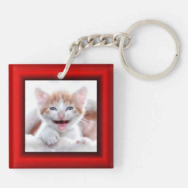 2 Cat Photo Red Border Key Ring (Back)