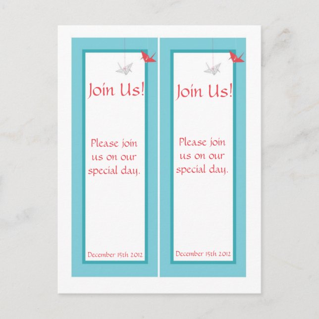 2 Chic Origami Birds Wedding Bookmarks Postcard (Front)