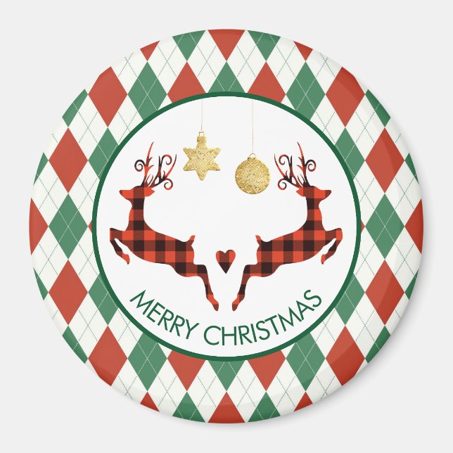 2 Christmas Deer Jumping Rustic Style Magnet (Front)