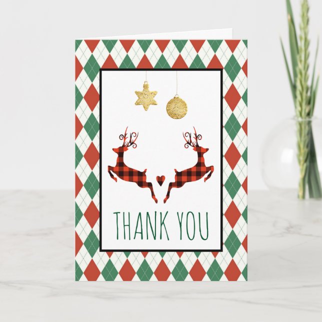 2 Christmas Deer Jumping Rustic Style Thank You Card (Front)