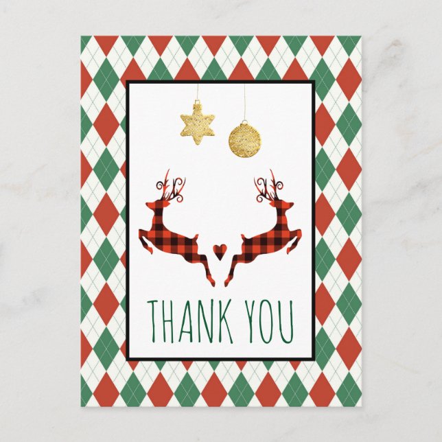 2 Christmas Deer Jumping Rustic Style Thank You Postcard (Front)