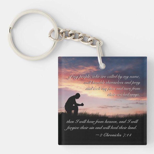 2 Chronicles 7:14 Bible Verse Man Kneeling to Pray Key Ring (Front)