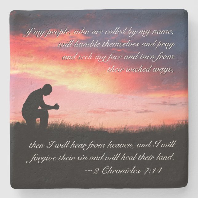 2 Chronicles 7:14 Bible Verse Man Kneeling to Pray Stone Coaster (Front)