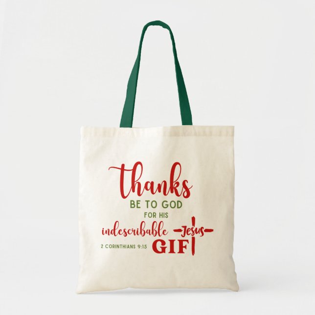 2 Corinthians 9:15 Thanks be to God Scripture Tote Bag (Front)