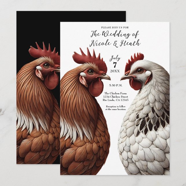 2 Country Chickens Farm Barnyard Wedding Invitation (Front/Back)