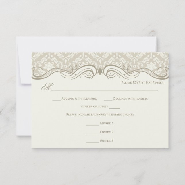 #2 Cream Tan Damask Swirls RSVP Menu Choice (Front)