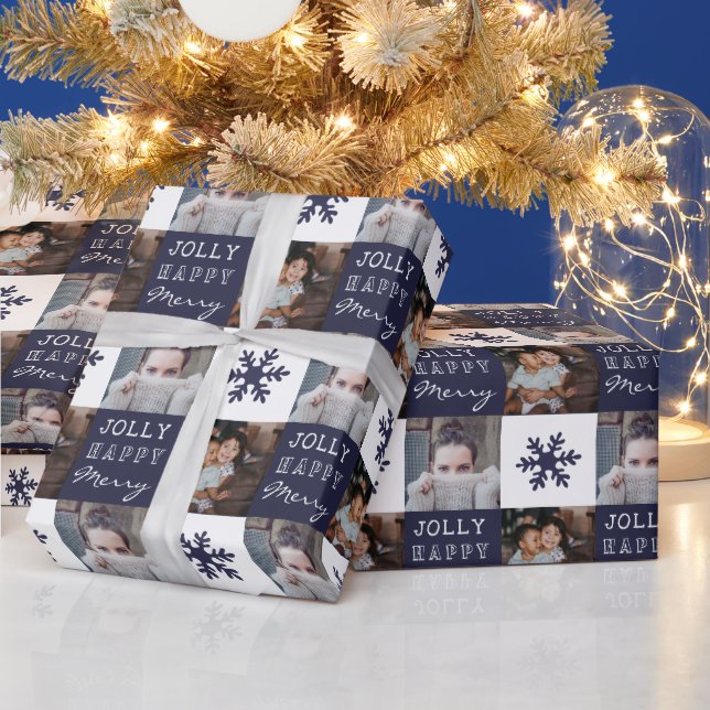 2 Custom Photos Snowflake Merry Jolly Christmas Wrapping Paper (Holidays)
