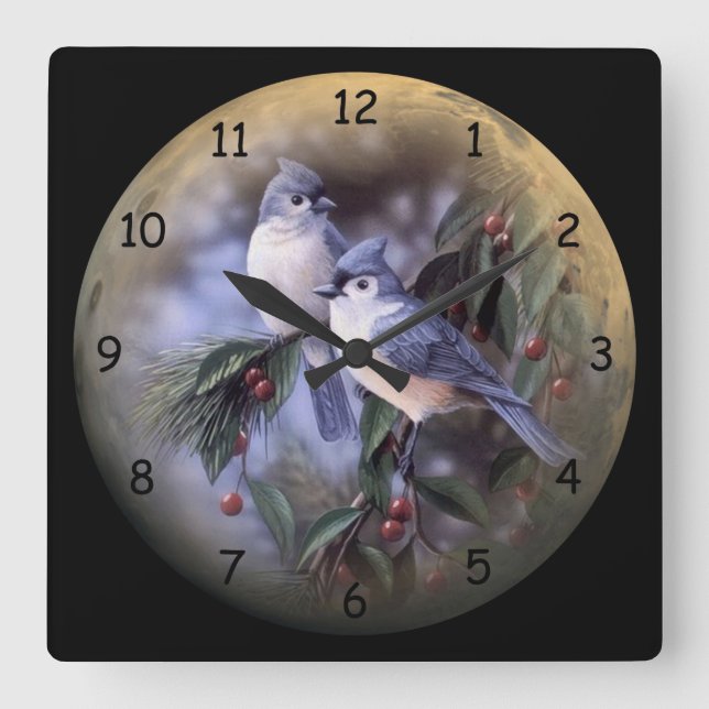 2 Cute Blue Jays on a Branch of Berries Square Wall Clock (Front)