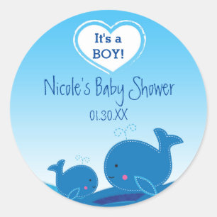 2 Cute Blue Whales Baby Shower Favour Stickers
