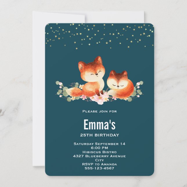 2 Cute & Cosy Little Red Foxes Birthday Invitation (Front)
