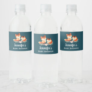 2 Cute Little Red Foxes Baby Shower Water Bottle Label
