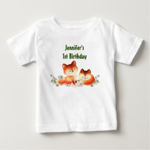 2 Cute Little Red Foxes Watercolor 1st Birthday Baby T-Shirt