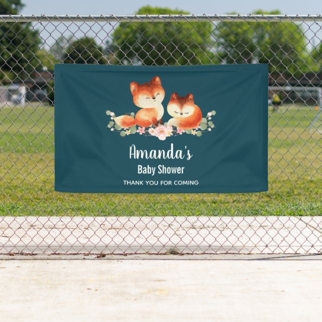 2 Cute Little Red Foxes Watercolor Baby Shower Banner (Insitu)