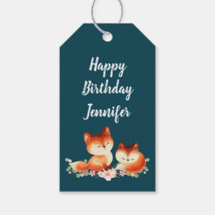 2 Cute Little Red Foxes Watercolor Birthday Gift Tags
