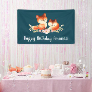 2 Cute Little Red Foxes Watercolor Design Birthday Banner