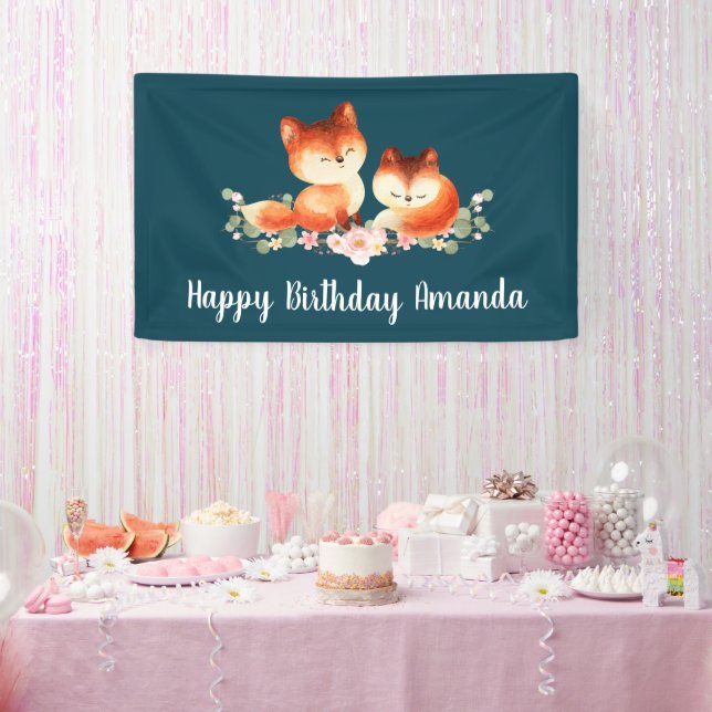 2 Cute Little Red Foxes Watercolor Design Birthday Banner (Party)