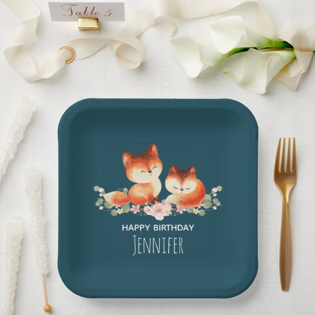 2 Cute Little Red Foxes Watercolor Design Birthday Paper Plate (Wedding)