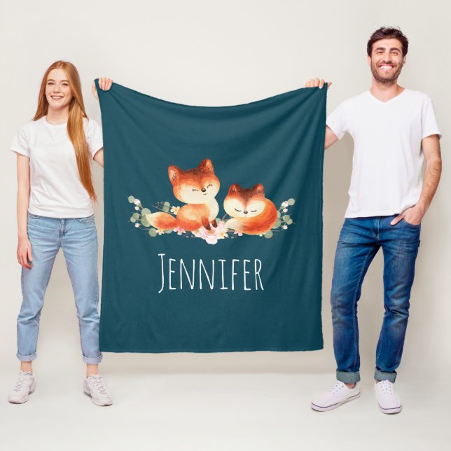 2 Cute Little Red Foxes Watercolor Design Fleece Blanket (In Situ)