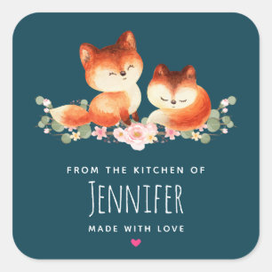 2 Cute Little Red Foxes Watercolor Design Kitchen Square Sticker