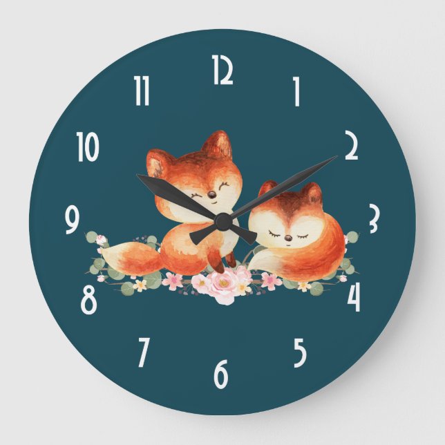 2 Cute Little Red Foxes Watercolor Design Large Clock (Front)