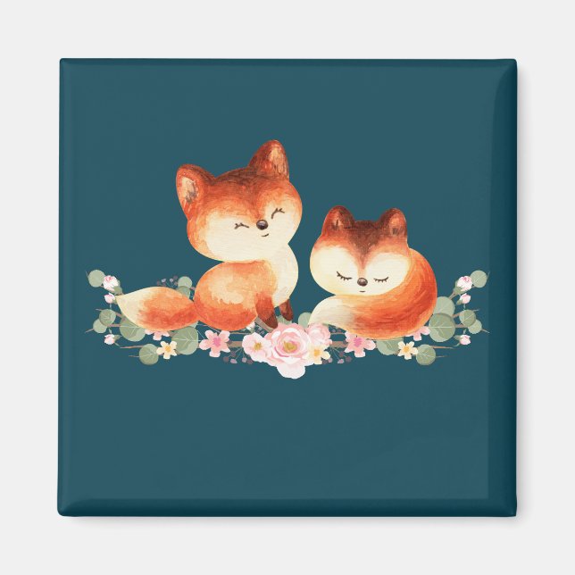 2 Cute Little Red Foxes Watercolor Design Magnet (Front)