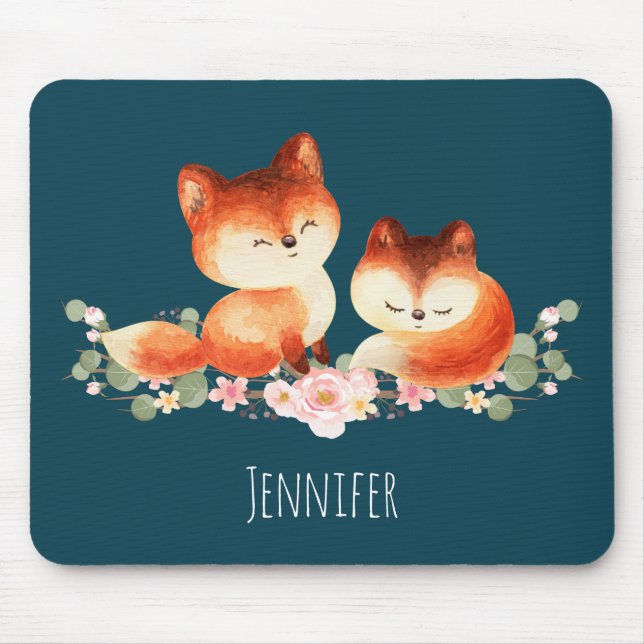  2 Cute Little Red Foxes Watercolor Design Mouse Mat (Front)
