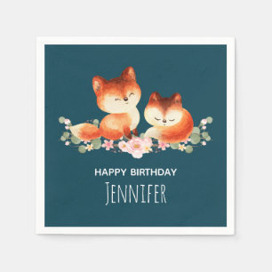 2 Cute Little Red Foxes Watercolor Design Napkin