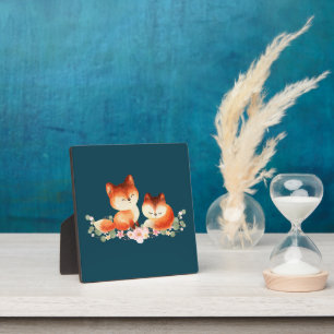 2 Cute Little Red Foxes Watercolor Design Plaque
