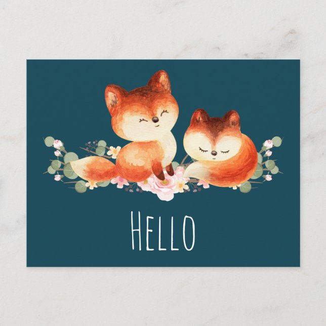 2 Cute Little Red Foxes Watercolor Design Postcard (Front)