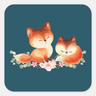 2 Cute Little Red Foxes Watercolor Design Square Sticker
