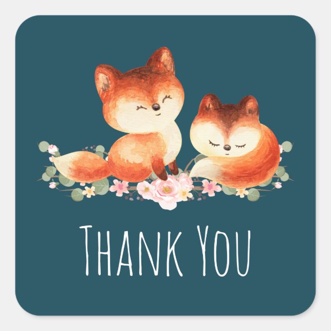 2 Cute Little Red Foxes Watercolor Design Square Sticker (Front)