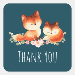 2 Cute Little Red Foxes Watercolor Design Square Sticker